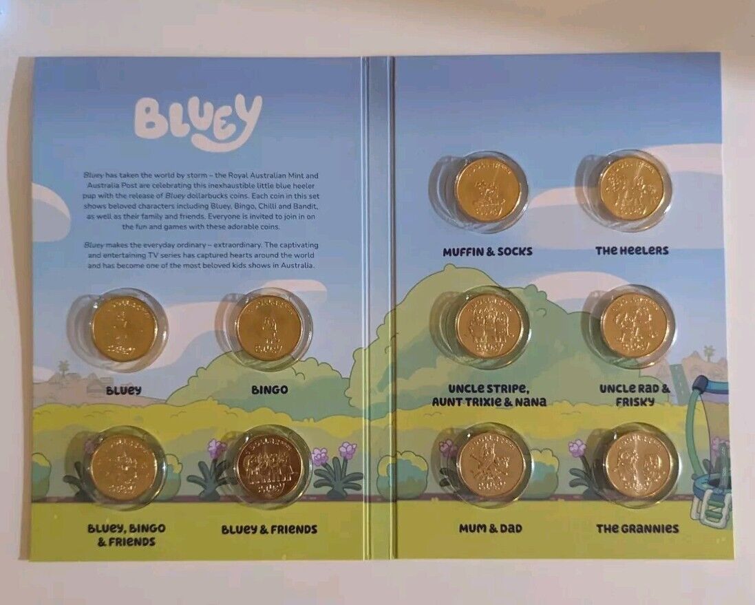 2024 Australian Bluey $1 Dollar 10 Coin & Folder Set No Colour Coin OPENED TUBE